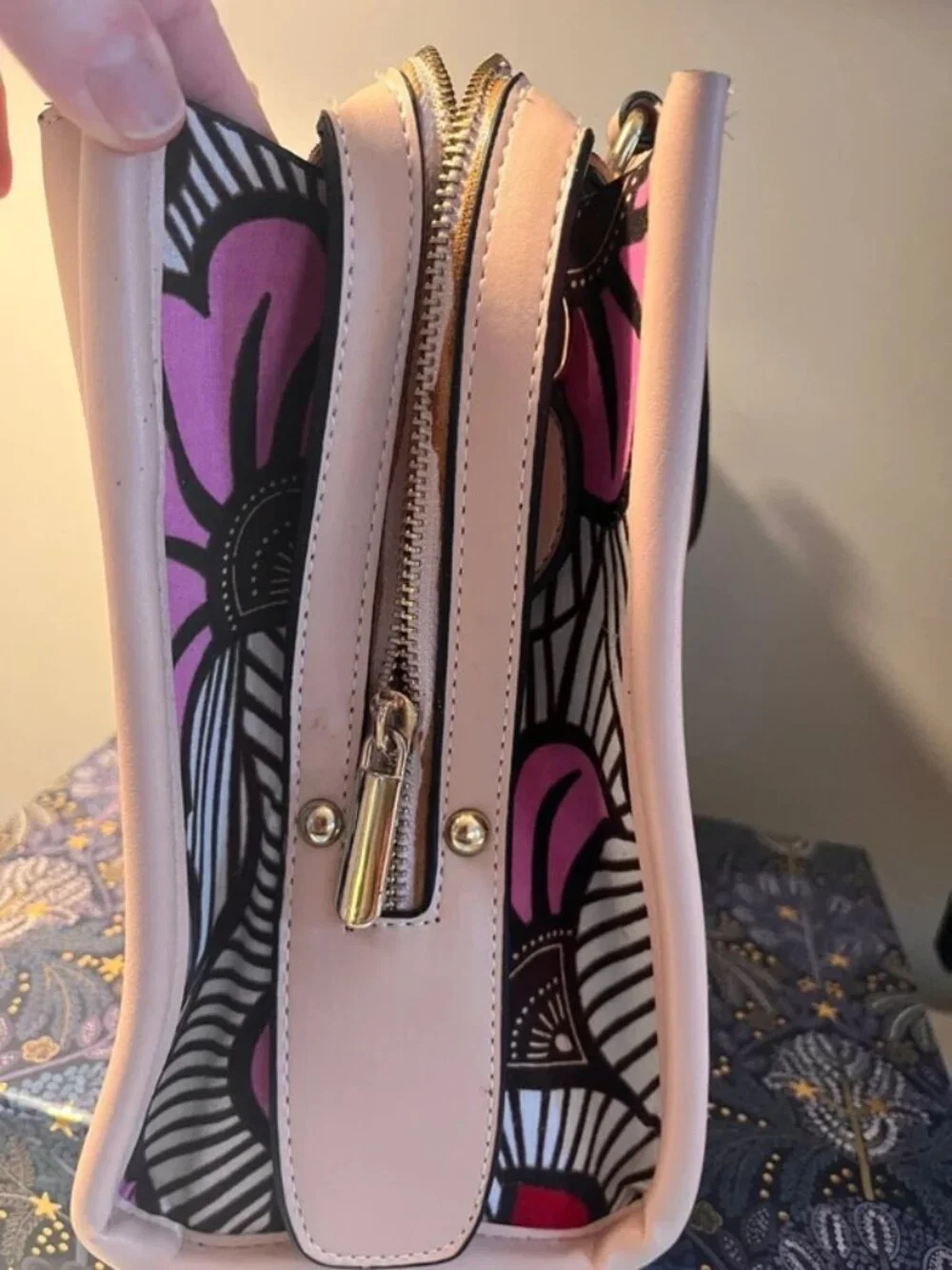 Kua Pink Satchel Handbag Crossbody Floral Lining Gold Hardware Shoulder Strap